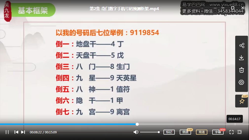 吴九龙奇门数字预测课程视频10集，手机号预测资料，属于基础视频。
